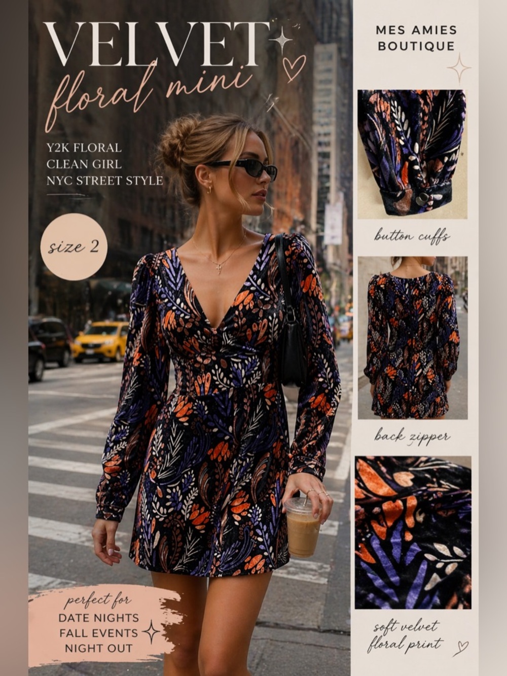 Mes Amies Boutique Velvet Floral Mini Dress Size 2